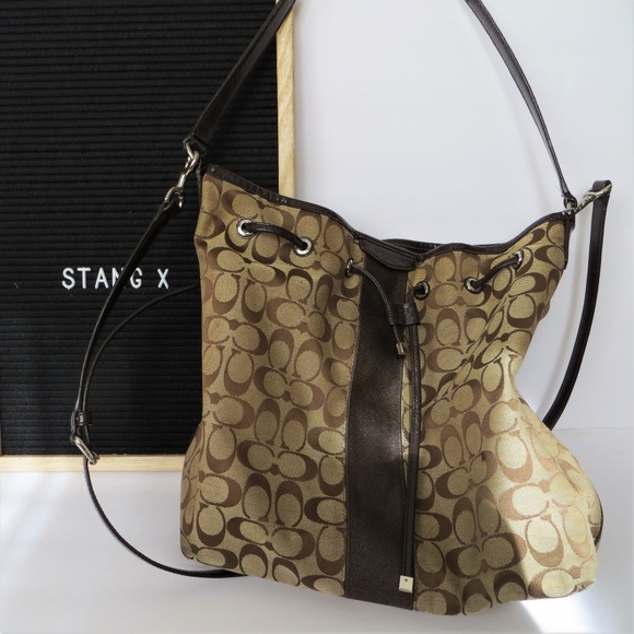 Coach Handbags - COACH SIGNATURE STRIPE DRAWSTRING SHOULDER BAG